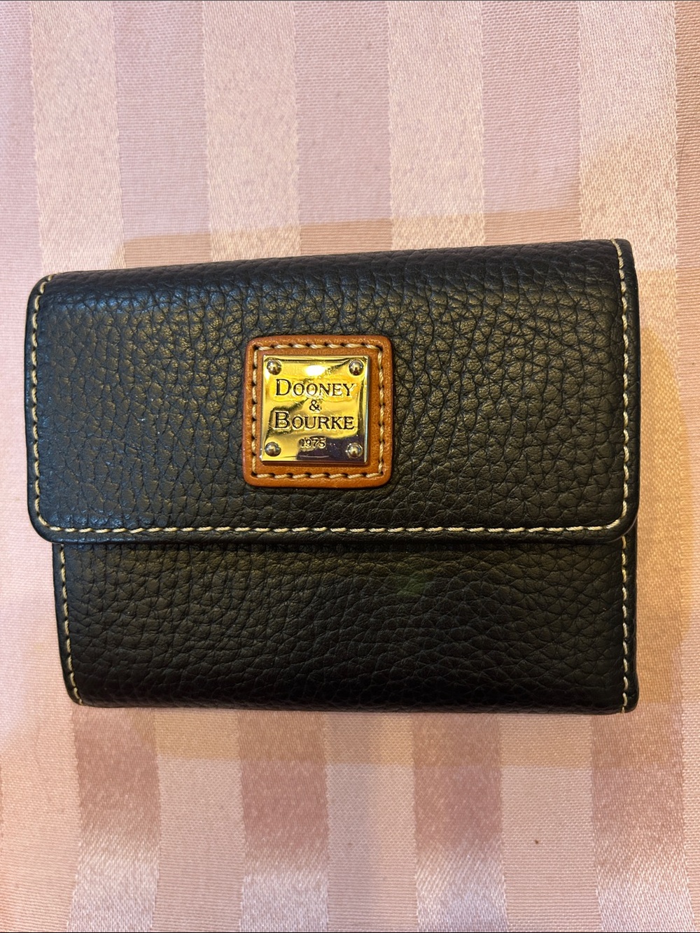 Dooney & Bourke Black Pebbled Leather Trifold Wallet with Gold Plaque